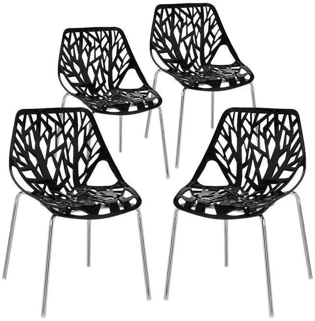 Main image of Modern Stackable Dining Chair 4 Pack, Stacking Outdoor Chairs, Black | Plastic Birch Sapling Chairs, Plastic Outdoor Patio Decorative Chairs, Multiple Use for Dining Living Room, Easy to Install