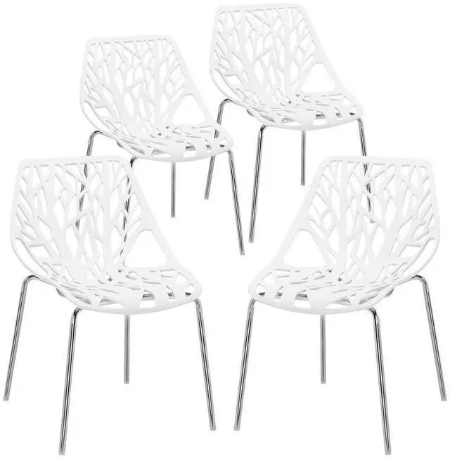 Main image of Modern Stackable Dining Chair 4 Pack, Stacking Outdoor Chairs, White | Plastic Birch Sapling Chairs, Plastic Outdoor Patio Decorative Chairs, Multiple Use for Dining Living Room, Easy to Install