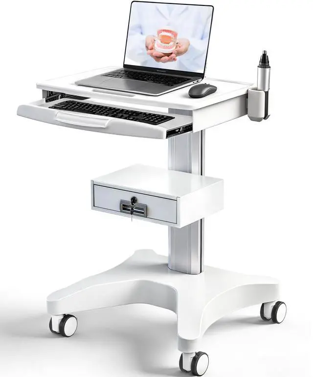 Main image of White Medical Trolley Cart with Laptop Tray & Oral Scanner Holder 220LBS, Mobile Workstation with Wheels & Drawer for Hospital Dental Clinics Beauty Salons Lab