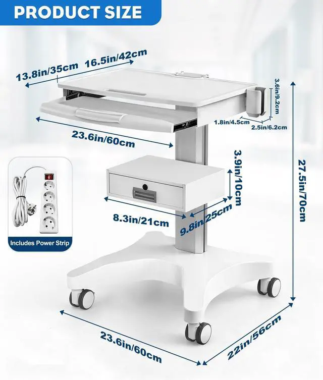 Alt view image 3 of 7 - White Medical Trolley Cart with Laptop Tray & Oral Scanner Holder 220LBS, Mobile Workstation with Wheels & Drawer for Hospital Dental Clinics Beauty Salons Lab