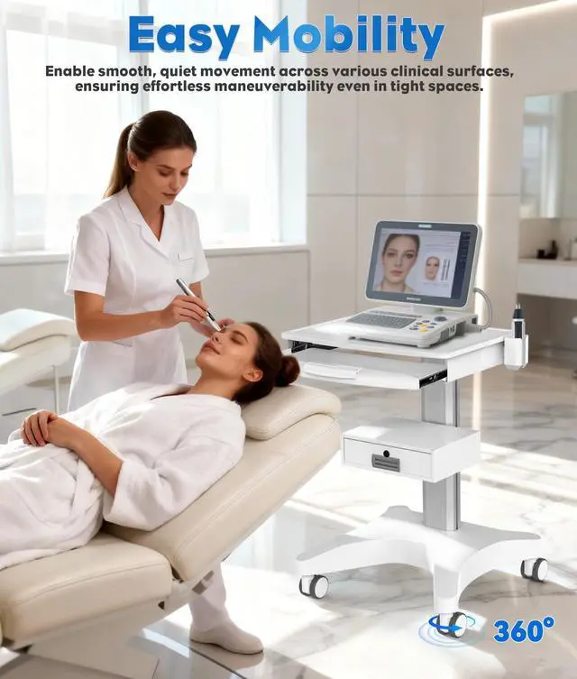 Alt view image 4 of 7 - White Medical Trolley Cart with Laptop Tray & Oral Scanner Holder 220LBS, Mobile Workstation with Wheels & Drawer for Hospital Dental Clinics Beauty Salons Lab