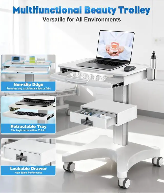 Alt view image 5 of 7 - White Medical Trolley Cart with Laptop Tray & Oral Scanner Holder 220LBS, Mobile Workstation with Wheels & Drawer for Hospital Dental Clinics Beauty Salons Lab