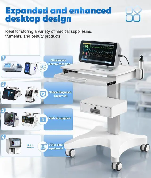 Alt view image 6 of 7 - White Medical Trolley Cart with Laptop Tray & Oral Scanner Holder 220LBS, Mobile Workstation with Wheels & Drawer for Hospital Dental Clinics Beauty Salons Lab