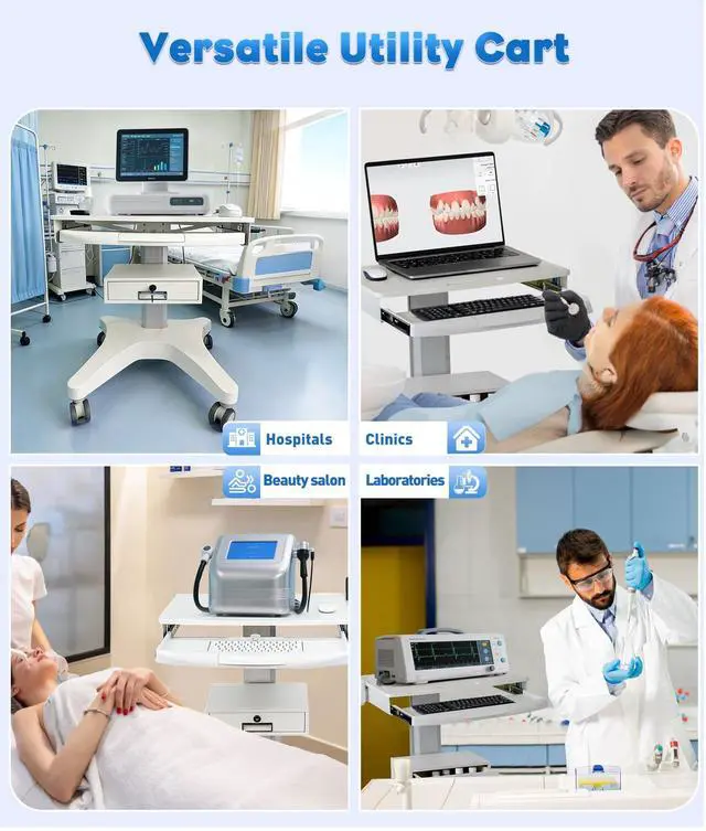 Alt view image 7 of 7 - White Medical Trolley Cart with Laptop Tray & Oral Scanner Holder 220LBS, Mobile Workstation with Wheels & Drawer for Hospital Dental Clinics Beauty Salons Lab