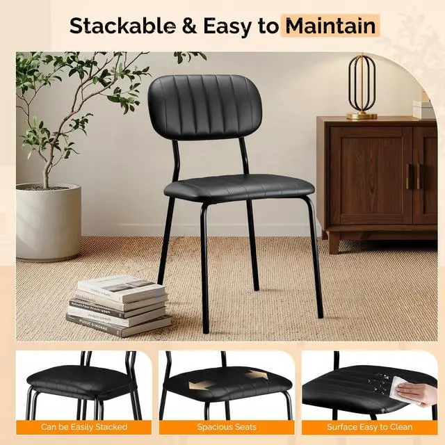 Alt view image 4 of 7 - Stackable Dining Chair Set of 4, PU Padded Seat Metal Frame Stacking Chair for Home Kitchen Office Waiting Room Reception Church BanquetBlack
