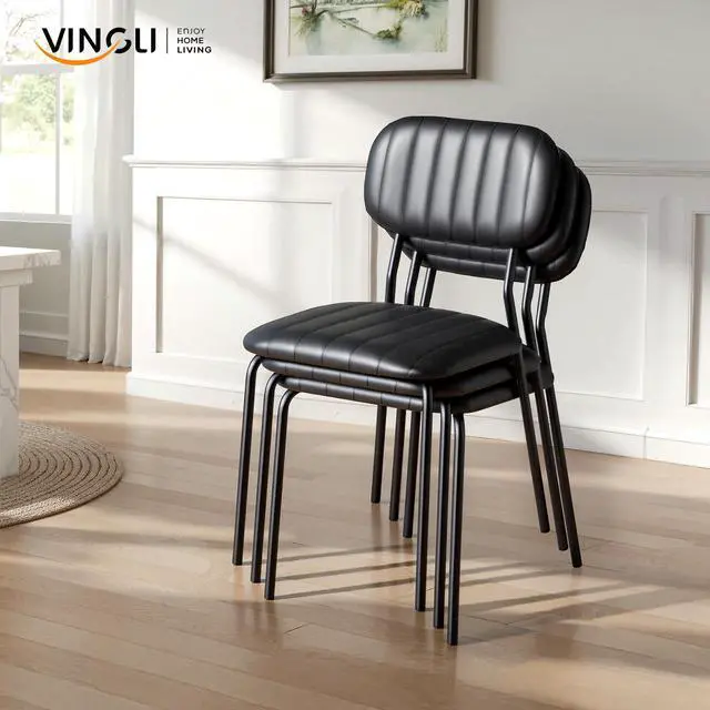 Alt view image 7 of 7 - Stackable Dining Chair Set of 4, PU Padded Seat Metal Frame Stacking Chair for Home Kitchen Office Waiting Room Reception Church BanquetBlack