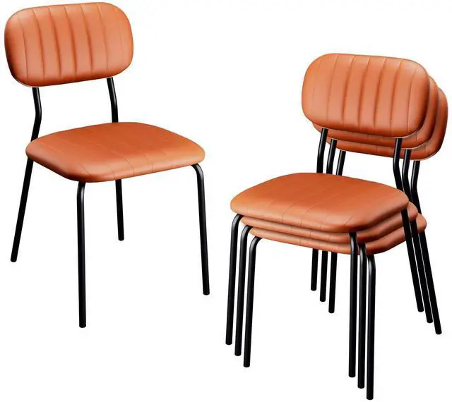 Main image of Stackable Dining Chair Set of 4, PU Padded Seat Metal Frame Stacking Chair for Home Kitchen Office Waiting Room Reception Church BanquetBrown