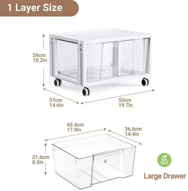 Alt view image 2 of 7 - Stackable Storage Drawer Carts, Extra Large Bins 1 Tier 1 Drawer | Smooth Pull-Out Drawers, Clear Plastic Storage Organizer Container For Home Office Bedroom Bathroom Art Crafts Under Desk