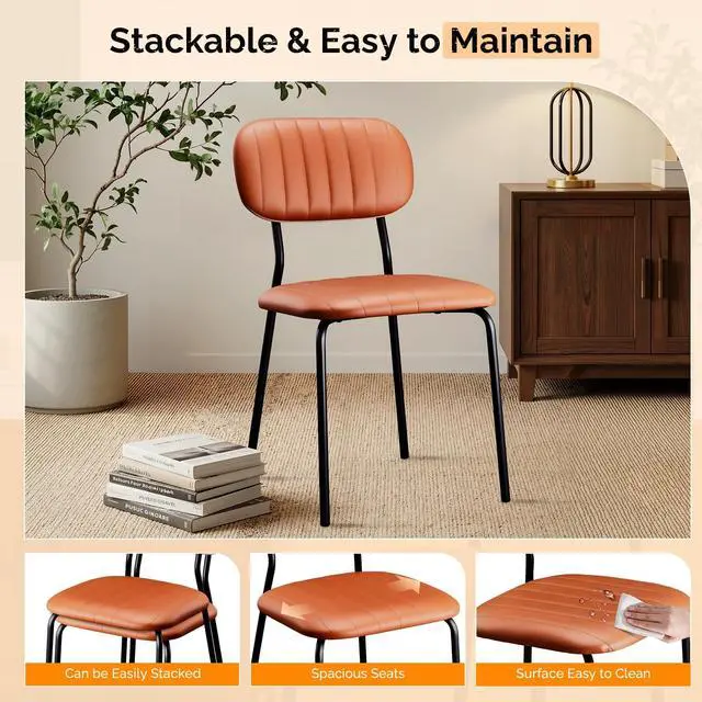 Alt view image 4 of 7 - Stackable Dining Chair Set of 4, PU Padded Seat Metal Frame Stacking Chair for Home Kitchen Office Waiting Room Reception Church BanquetBrown