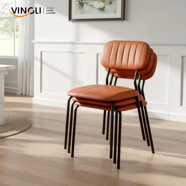 Alt view image 7 of 7 - Stackable Dining Chair Set of 4, PU Padded Seat Metal Frame Stacking Chair for Home Kitchen Office Waiting Room Reception Church BanquetBrown
