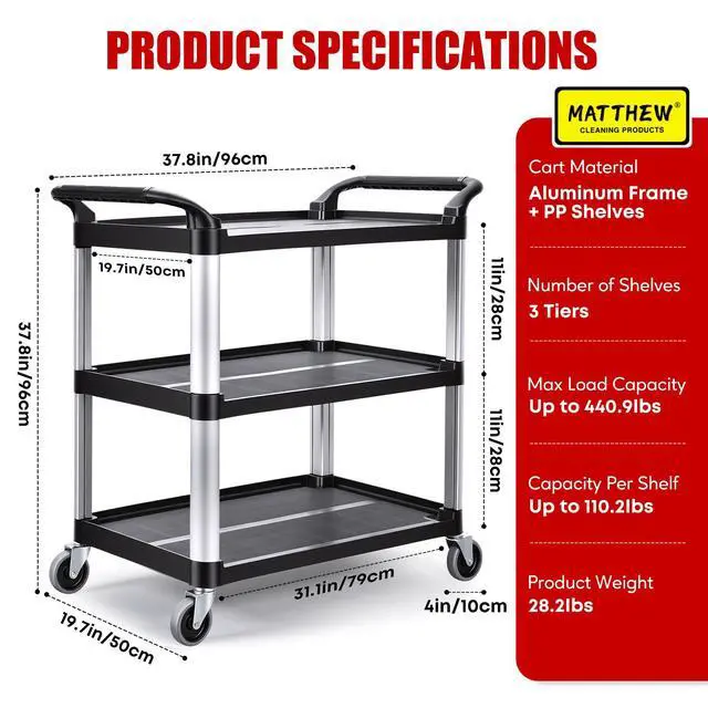 Alt view image 2 of 6 - Matthew 3 Tier Rolling Utility Cart with Wheels, 440 lbs Heavy Duty Service Cart with Aluminum Frame, Durable Shelves, 37.8" x 19.7" x 37.8" for Garage, Warehouse, Kitchen and Office