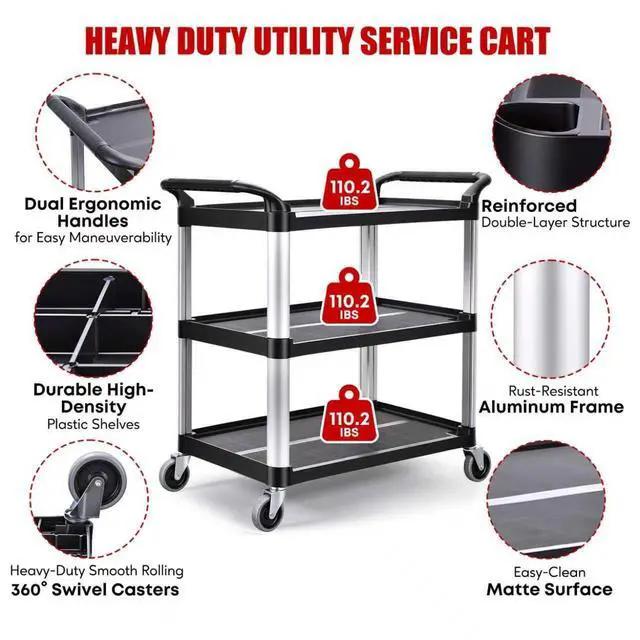 Alt view image 3 of 6 - Matthew 3 Tier Rolling Utility Cart with Wheels, 440 lbs Heavy Duty Service Cart with Aluminum Frame, Durable Shelves, 37.8" x 19.7" x 37.8" for Garage, Warehouse, Kitchen and Office