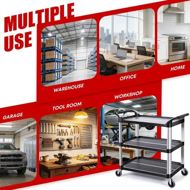 Alt view image 5 of 6 - Matthew 3 Tier Rolling Utility Cart with Wheels, 440 lbs Heavy Duty Service Cart with Aluminum Frame, Durable Shelves, 37.8" x 19.7" x 37.8" for Garage, Warehouse, Kitchen and Office