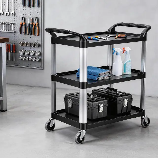 Alt view image 6 of 6 - Matthew 3 Tier Rolling Utility Cart with Wheels, 440 lbs Heavy Duty Service Cart with Aluminum Frame, Durable Shelves, 37.8" x 19.7" x 37.8" for Garage, Warehouse, Kitchen and Office
