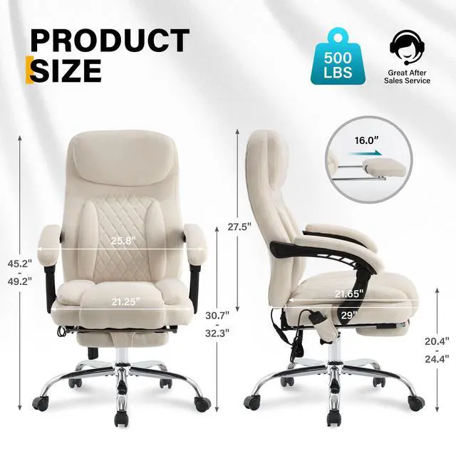 Alt view image 2 of 7 - 6-Point Massage Office Chair with Heated, Ergonomic Office Chair with Footrest & 45°Reclining High Back, Big and Tall Executive Office Chair 500LBS, Thick Cushion Desk Chair for Home Office, Beige