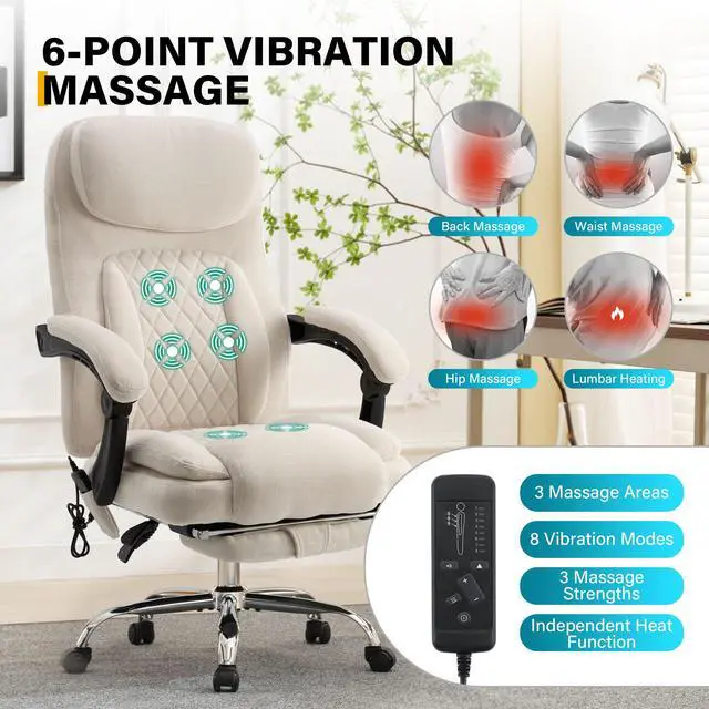 Alt view image 3 of 7 - 6-Point Massage Office Chair with Heated, Ergonomic Office Chair with Footrest & 45°Reclining High Back, Big and Tall Executive Office Chair 500LBS, Thick Cushion Desk Chair for Home Office, Beige
