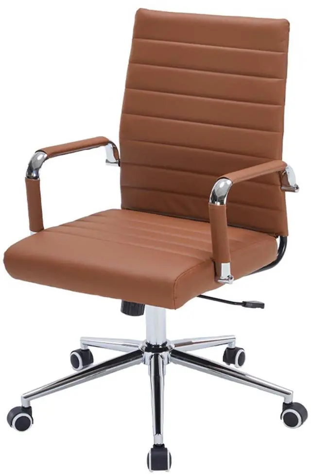 Main image of Brown Leather Ribbed Office Mid-Back Desk Conference Chair with Wheels | Ergonomic Mid-Back Executive Chairs with Wheels Adjustable Swivel Computer Task Desk Chair with Arms and Thick Padded Seat