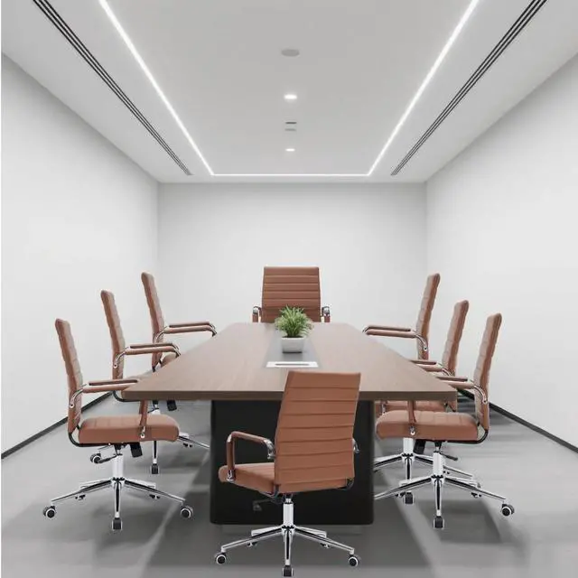 Alt view image 2 of 7 - Brown Leather Ribbed Office Mid-Back Desk Conference Chair with Wheels | Ergonomic Mid-Back Executive Chairs with Wheels Adjustable Swivel Computer Task Desk Chair with Arms and Thick Padded Seat