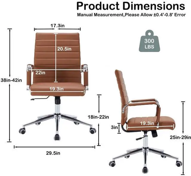 Alt view image 3 of 7 - Brown Leather Ribbed Office Mid-Back Desk Conference Chair with Wheels | Ergonomic Mid-Back Executive Chairs with Wheels Adjustable Swivel Computer Task Desk Chair with Arms and Thick Padded Seat