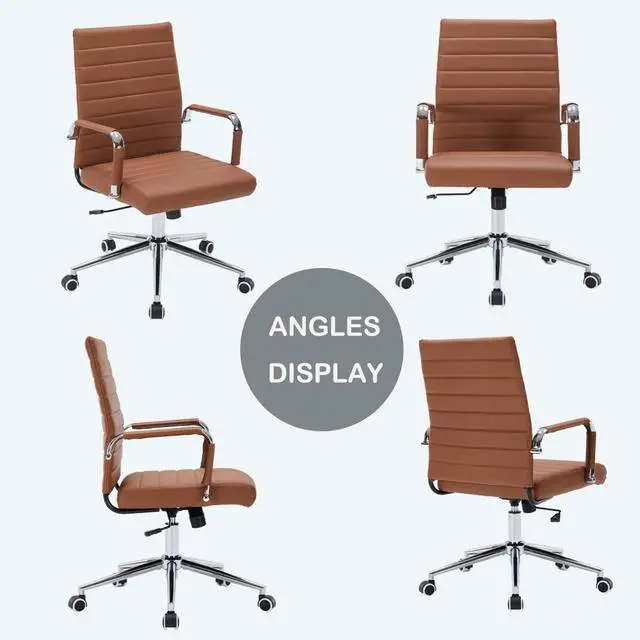 Alt view image 4 of 7 - Brown Leather Ribbed Office Mid-Back Desk Conference Chair with Wheels | Ergonomic Mid-Back Executive Chairs with Wheels Adjustable Swivel Computer Task Desk Chair with Arms and Thick Padded Seat