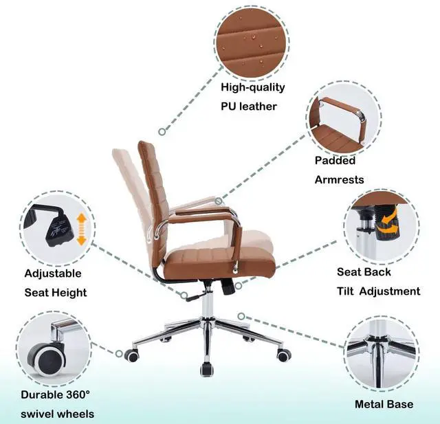 Alt view image 6 of 7 - Brown Leather Ribbed Office Mid-Back Desk Conference Chair with Wheels | Ergonomic Mid-Back Executive Chairs with Wheels Adjustable Swivel Computer Task Desk Chair with Arms and Thick Padded Seat