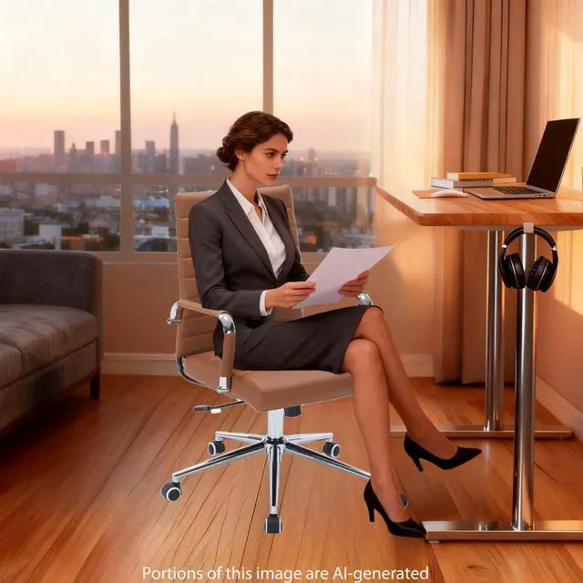 Alt view image 5 of 7 - Brown Leather Ribbed Office Mid-Back Desk Conference Chair with Wheels | Ergonomic Mid-Back Executive Chairs with Wheels Adjustable Swivel Computer Task Desk Chair with Arms and Thick Padded Seat