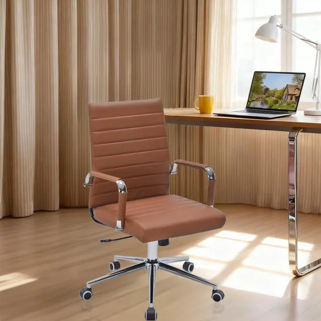 Alt view image 7 of 7 - Brown Leather Ribbed Office Mid-Back Desk Conference Chair with Wheels | Ergonomic Mid-Back Executive Chairs with Wheels Adjustable Swivel Computer Task Desk Chair with Arms and Thick Padded Seat