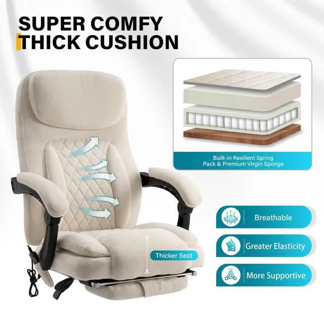 Alt view image 4 of 7 - 6-Point Massage Office Chair with Heated, Ergonomic Office Chair with Footrest & 45°Reclining High Back, Big and Tall Executive Office Chair 500LBS, Thick Cushion Desk Chair for Home Office, Beige