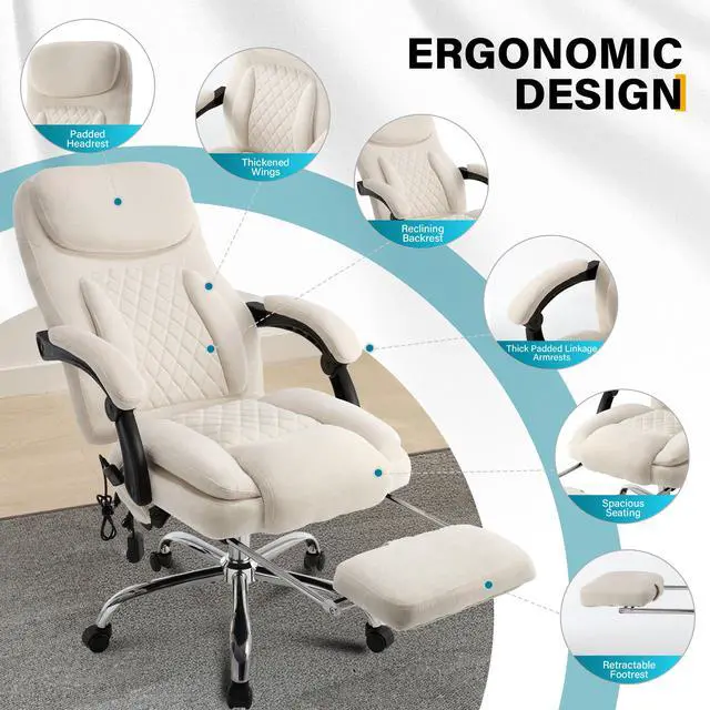 Alt view image 5 of 7 - 6-Point Massage Office Chair with Heated, Ergonomic Office Chair with Footrest & 45°Reclining High Back, Big and Tall Executive Office Chair 500LBS, Thick Cushion Desk Chair for Home Office, Beige