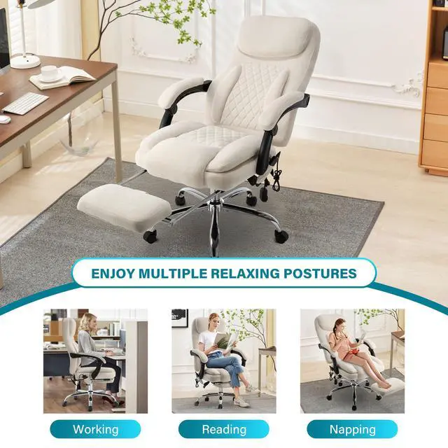 Alt view image 6 of 7 - 6-Point Massage Office Chair with Heated, Ergonomic Office Chair with Footrest & 45°Reclining High Back, Big and Tall Executive Office Chair 500LBS, Thick Cushion Desk Chair for Home Office, Beige