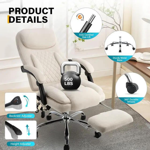 Alt view image 7 of 7 - 6-Point Massage Office Chair with Heated, Ergonomic Office Chair with Footrest & 45°Reclining High Back, Big and Tall Executive Office Chair 500LBS, Thick Cushion Desk Chair for Home Office, Beige
