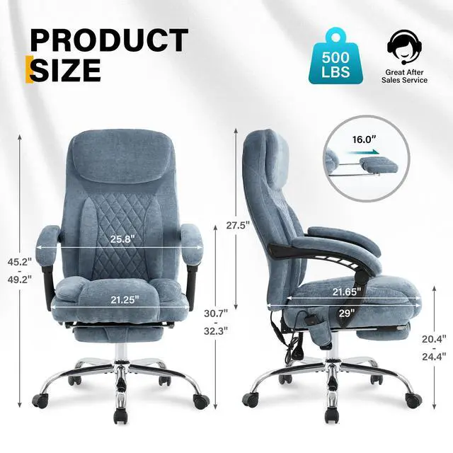 Alt view image 2 of 7 - 6-Point Massage Office Chair with Heated, Ergonomic Office Chair with Footrest & 45°Reclining High Back, Big and Tall Executive Office Chair 500LBS, Thick Cushion Desk Chair for Home Office, Blue