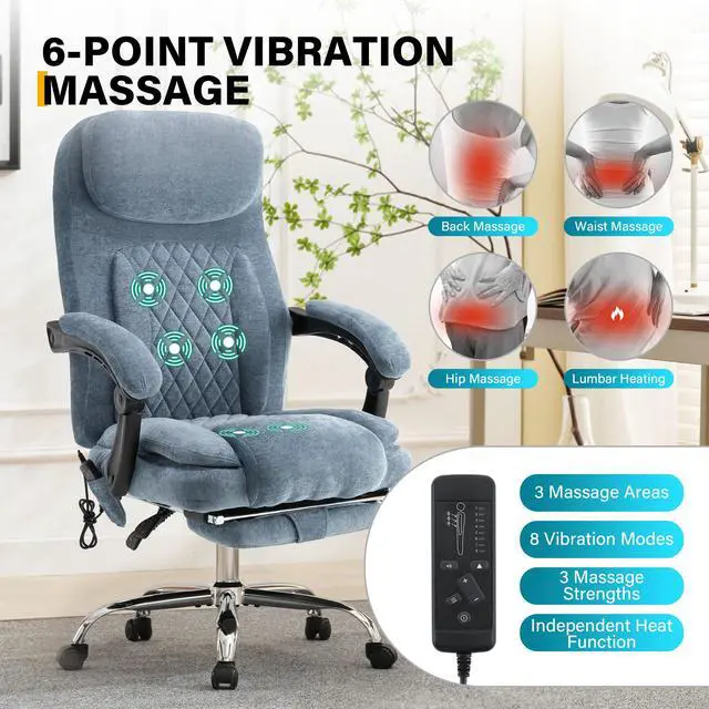 Alt view image 3 of 7 - 6-Point Massage Office Chair with Heated, Ergonomic Office Chair with Footrest & 45°Reclining High Back, Big and Tall Executive Office Chair 500LBS, Thick Cushion Desk Chair for Home Office, Blue