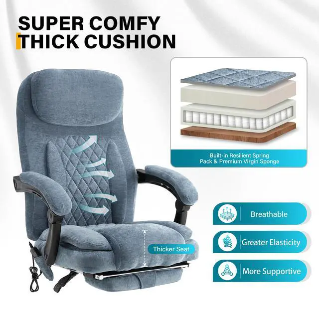 Alt view image 4 of 7 - 6-Point Massage Office Chair with Heated, Ergonomic Office Chair with Footrest & 45°Reclining High Back, Big and Tall Executive Office Chair 500LBS, Thick Cushion Desk Chair for Home Office, Blue