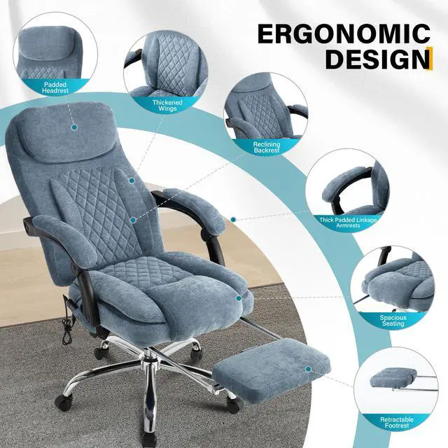 Alt view image 5 of 7 - 6-Point Massage Office Chair with Heated, Ergonomic Office Chair with Footrest & 45°Reclining High Back, Big and Tall Executive Office Chair 500LBS, Thick Cushion Desk Chair for Home Office, Blue