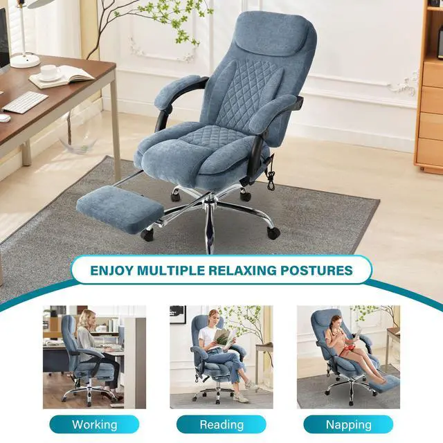 Alt view image 6 of 7 - 6-Point Massage Office Chair with Heated, Ergonomic Office Chair with Footrest & 45°Reclining High Back, Big and Tall Executive Office Chair 500LBS, Thick Cushion Desk Chair for Home Office, Blue