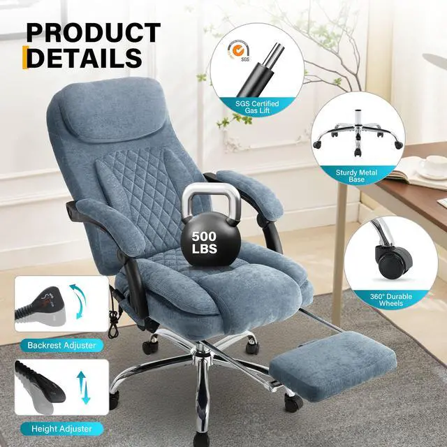 Alt view image 7 of 7 - 6-Point Massage Office Chair with Heated, Ergonomic Office Chair with Footrest & 45°Reclining High Back, Big and Tall Executive Office Chair 500LBS, Thick Cushion Desk Chair for Home Office, Blue