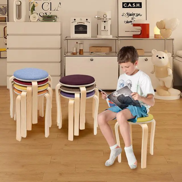 Alt view image 2 of 7 - Stackable Stools Set of 8, Upholstered Wood Stool Colorful Round Stacking Stools 17Inch Backless Nesting Stool School Chairs with Anti-Slip Foot Mats, 440Lbs Load for Kitchen, Dining Room, Classroom