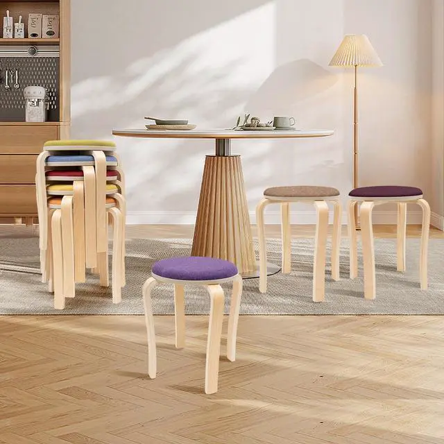 Alt view image 4 of 7 - Stackable Stools Set of 8, Upholstered Wood Stool Colorful Round Stacking Stools 17Inch Backless Nesting Stool School Chairs with Anti-Slip Foot Mats, 440Lbs Load for Kitchen, Dining Room, Classroom
