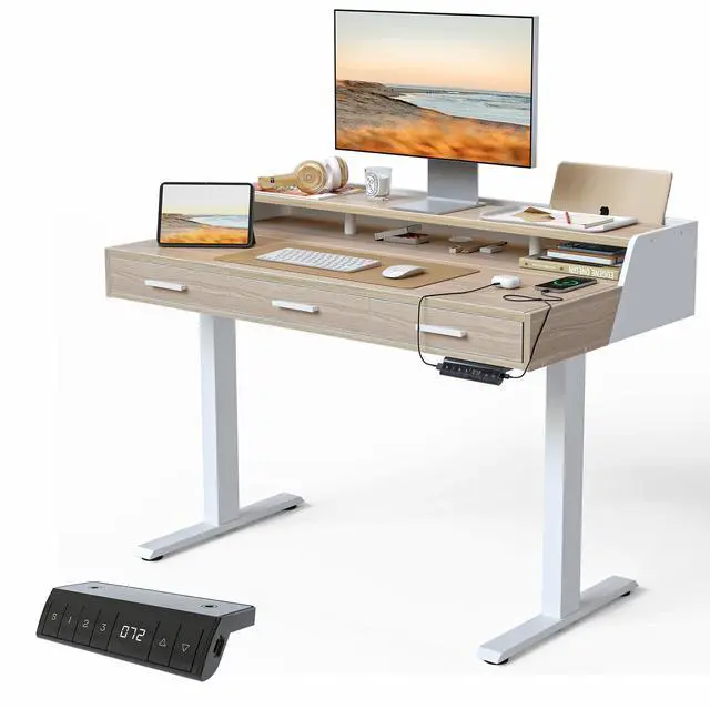 Main image of 48x26 Inches Standing Desk with 3 Wooden Drawers and Monitor Shelf, Height Adjustable Computer Desk, Ergonomic Rising Home Office Desks, Sit Stand Up Electric Workstation Table, Light Walnut