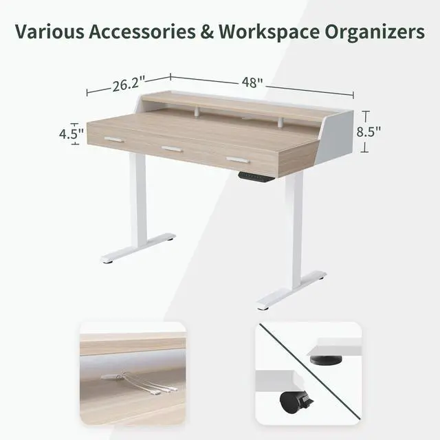 Alt view image 3 of 7 - 48x26 Inches Standing Desk with 3 Wooden Drawers and Monitor Shelf, Height Adjustable Computer Desk, Ergonomic Rising Home Office Desks, Sit Stand Up Electric Workstation Table, Light Walnut