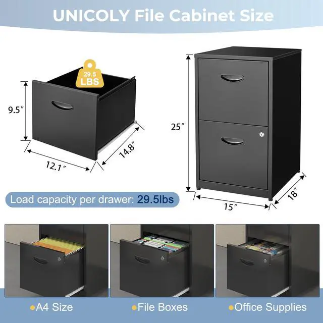 Alt view image 3 of 6 - 2 Drawer File Cabinet with Lock, Metal File Cabinet for Home Office | Under Desk Storage, Printer Stand, Office File Cabinets for Letters and File Boxes, Assembly Required, Black