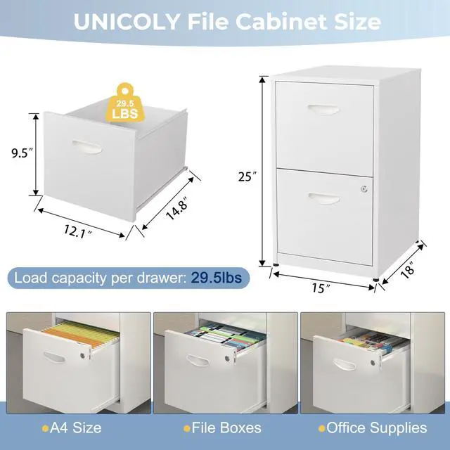 Alt view image 3 of 6 - 2 Drawer File Cabinet with Lock, Metal File Cabinet for Home Office | Under Desk Storage, Printer Stand, Office File Cabinets for Letters and File Boxes, Assembly Required, White