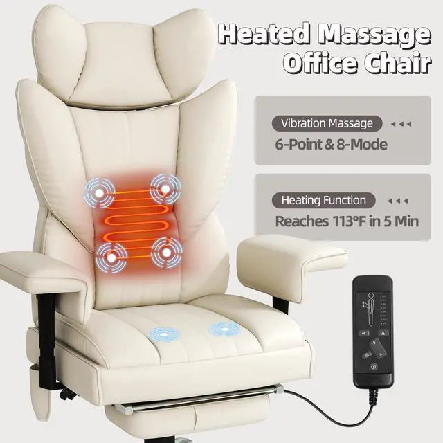 Alt view image 6 of 7 - 6 Points Massage Heated Home Office Chair with Foot Rest, Beige | 400LBS Executive Office Chair with Adjustable Headrest, Armrest and Lumbar Pillow, Comfortable PU Leather Desk Chair