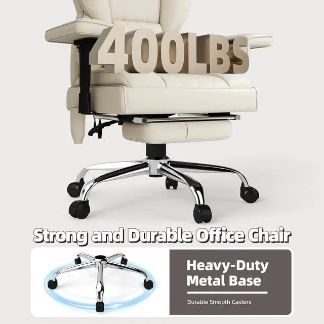 Alt view image 7 of 7 - 6 Points Massage Heated Home Office Chair with Foot Rest, Beige | 400LBS Executive Office Chair with Adjustable Headrest, Armrest and Lumbar Pillow, Comfortable PU Leather Desk Chair