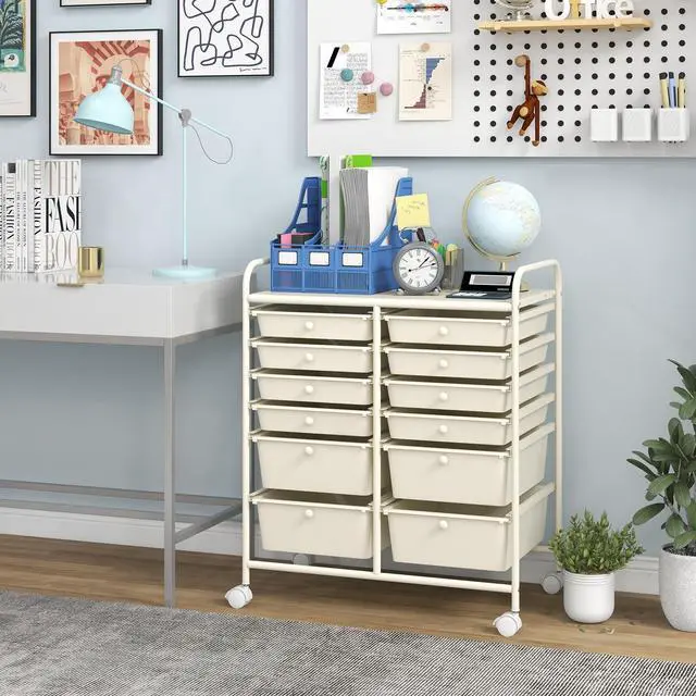Alt view image 2 of 6 - 12 Drawer Rolling Storage Cart, Utility Cart w/Wheels for Paper Tool Makeup, Art Supplies Craft Organizers for Home Teacher Office School Classroom, Mobile Drawer Carts (White)