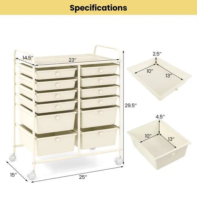 Alt view image 3 of 6 - 12 Drawer Rolling Storage Cart, Utility Cart w/Wheels for Paper Tool Makeup, Art Supplies Craft Organizers for Home Teacher Office School Classroom, Mobile Drawer Carts (White)