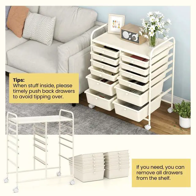 Alt view image 4 of 6 - 12 Drawer Rolling Storage Cart, Utility Cart w/Wheels for Paper Tool Makeup, Art Supplies Craft Organizers for Home Teacher Office School Classroom, Mobile Drawer Carts (White)