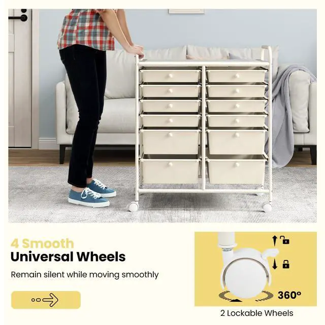 Alt view image 5 of 6 - 12 Drawer Rolling Storage Cart, Utility Cart w/Wheels for Paper Tool Makeup, Art Supplies Craft Organizers for Home Teacher Office School Classroom, Mobile Drawer Carts (White)