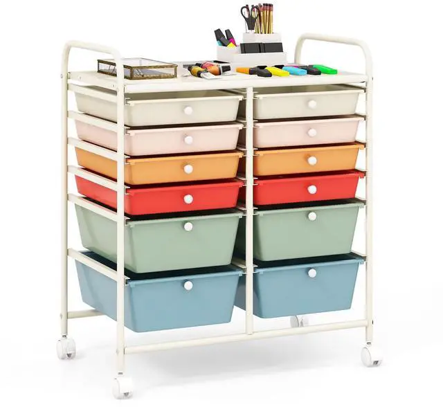 Main image of 12 Drawer Rolling Storage Cart, Utility Cart w/Wheels for Paper Tool Makeup, Art Supplies Craft Organizers for Home Teacher Office School Classroom, Mobile Drawer Carts (Macaron)